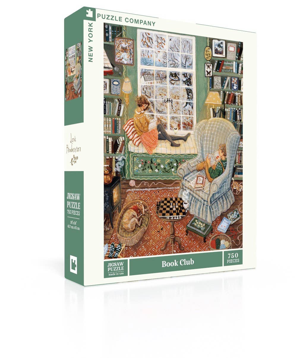 Puzzle Company 'Book Club' jigsaw puzzle box, 750 pieces, featuring a vintage illustration of a cozy reading room scene with a woman at a window, a plaid armchair, bookshelves, and a cat on a rug.