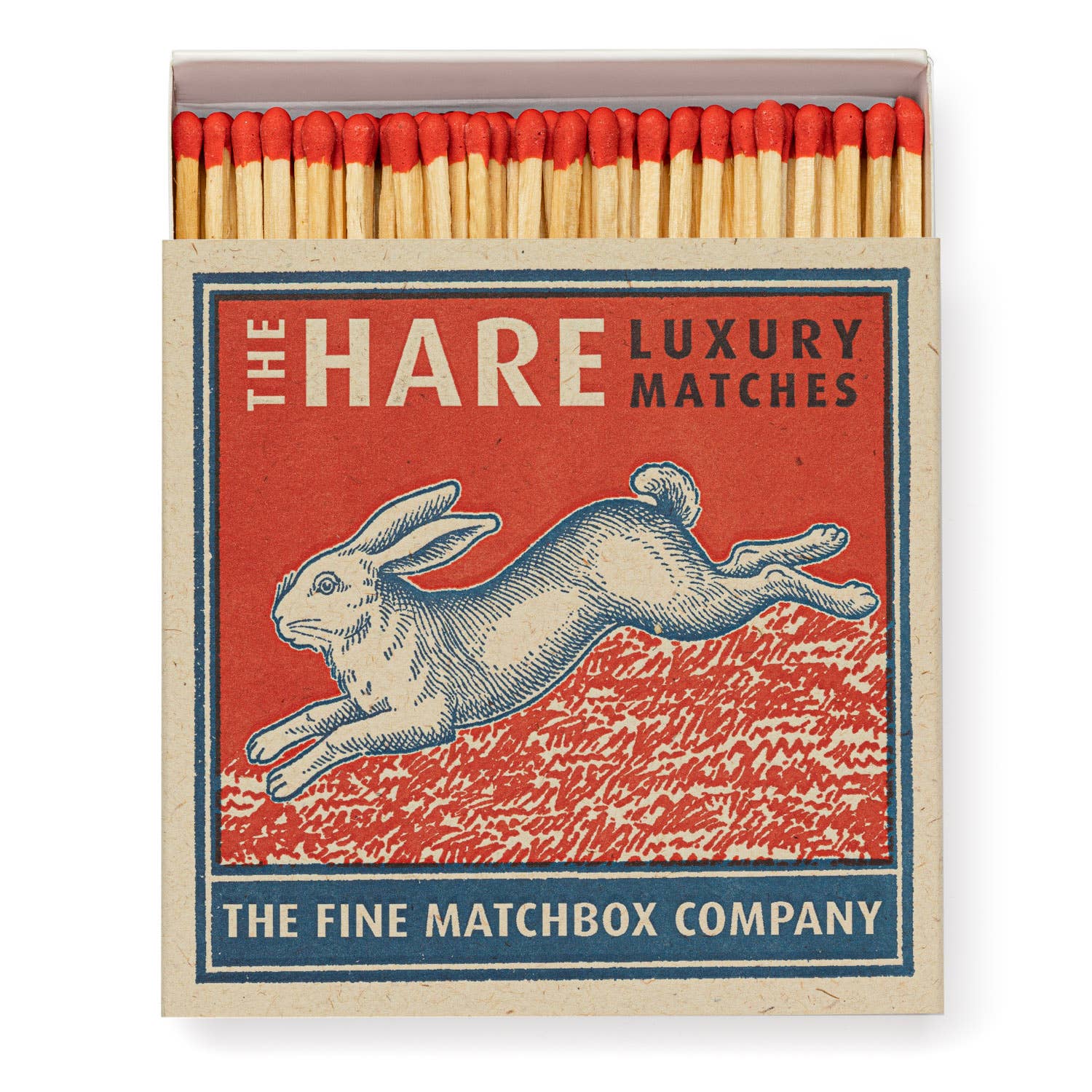 Matchbox with 'The Hare Luxury Matches' label featuring a rabbit illustration.