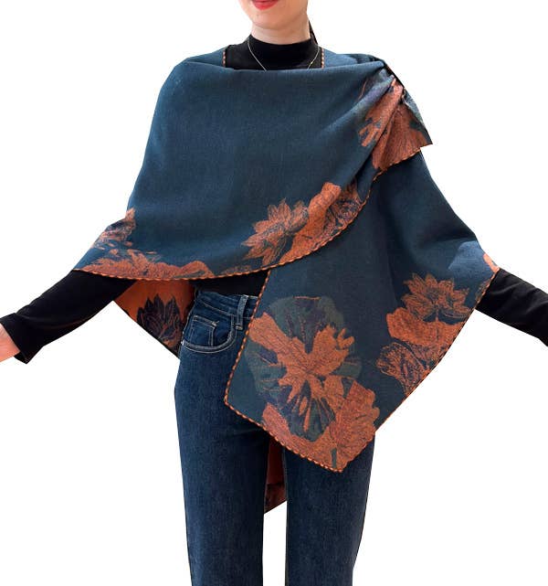 Orange & Navy Fan Leaves Reversible Loop Wrap