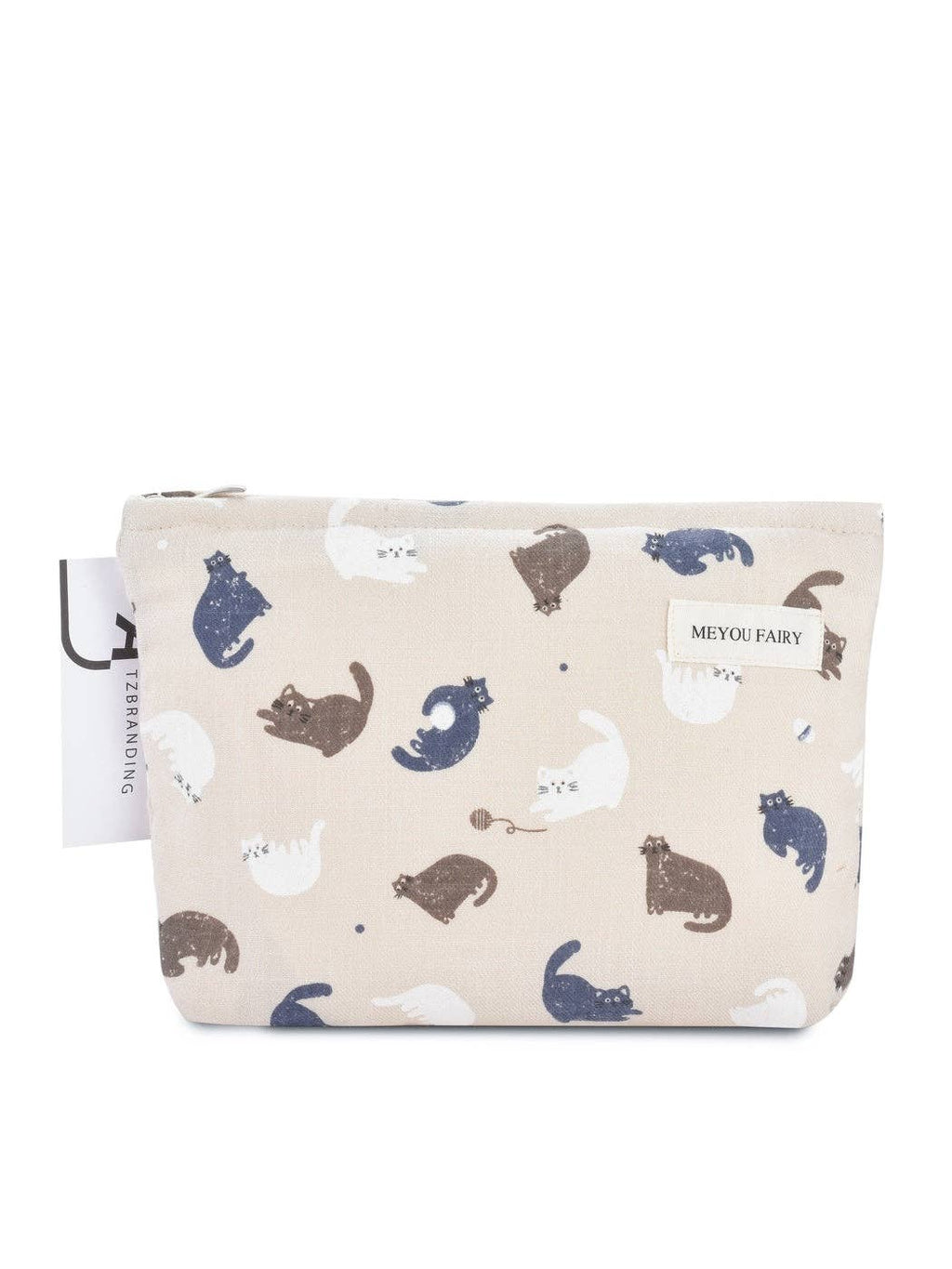 A rectangular zippered pouch in a warm beige fabric, printed with a playful pattern of cartoon cats in navy blue, brown, and white. A small white label on the front reads 'MEIYOU FAERY', and a white paper tag is attached on the left side.