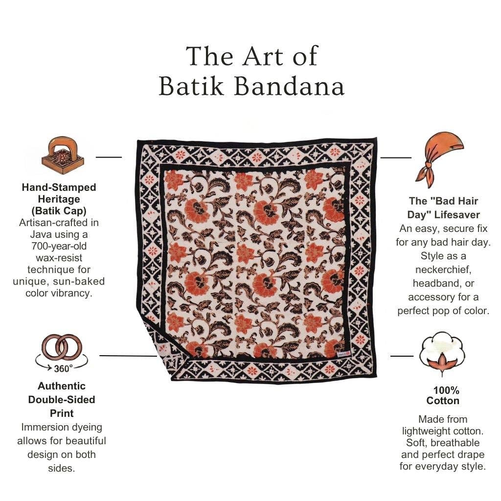 Batik bandana with floral pattern and text describing features on a white background