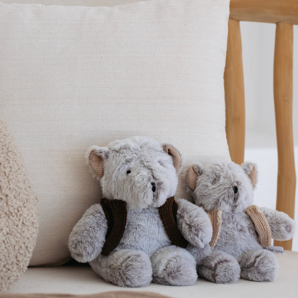 Two plush teddy bears with backpacks sitting on a light-colored surface.