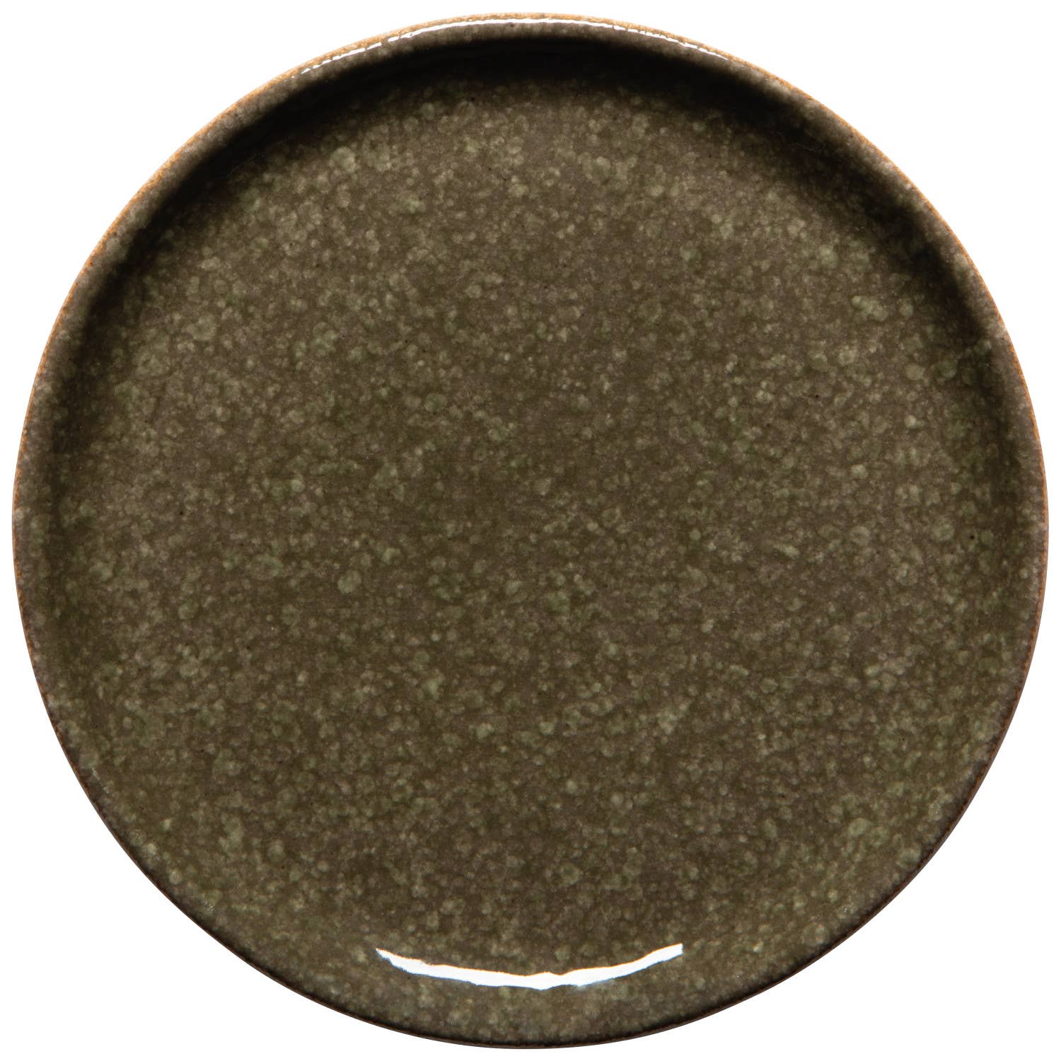 A round ceramic plate with a speckled, textured glaze in a dark olive-brown color, shown from a top-down perspective on a white background.