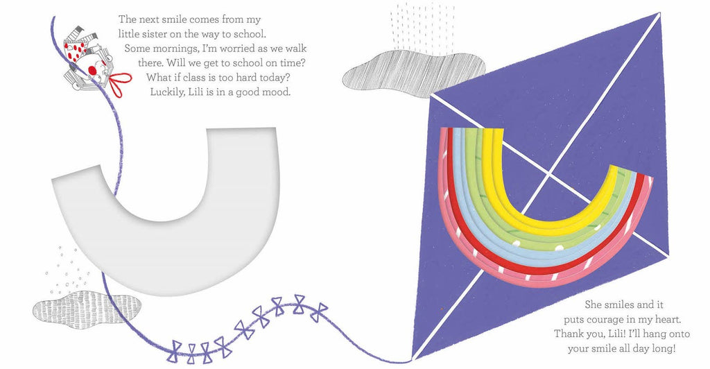 Illustration of a purple kite with a rainbow pattern on a white background