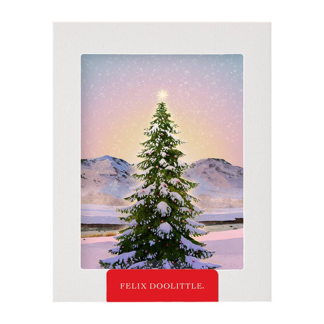 Felix Doolittle Christmas card with a snowy tree and mountain landscape