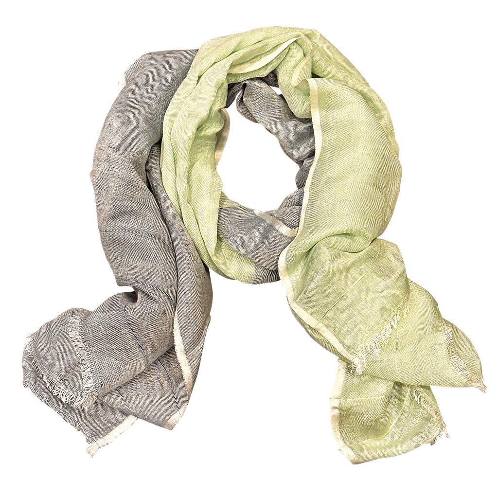 Pure Linen Feather Fringe Scarf — Navy & Green
