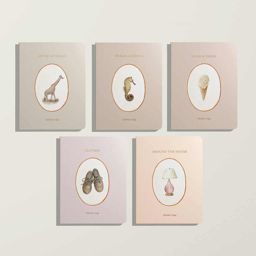 Five books with illustrations of objects on their covers against a light gray background