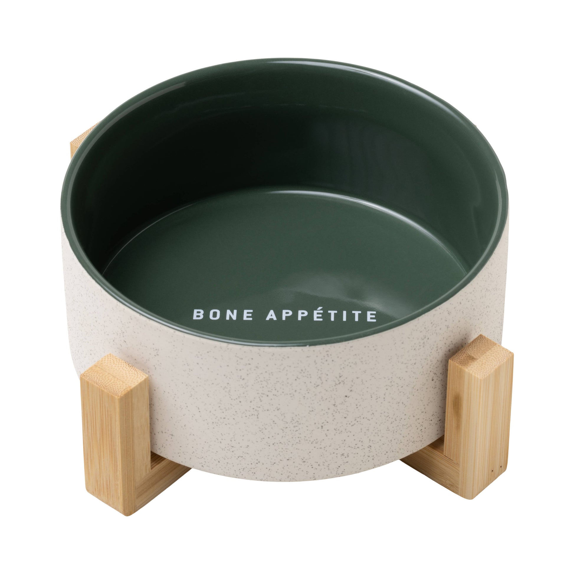 Ceramic Dog Bowl with Wooden Stand – Green | Bon Appétit