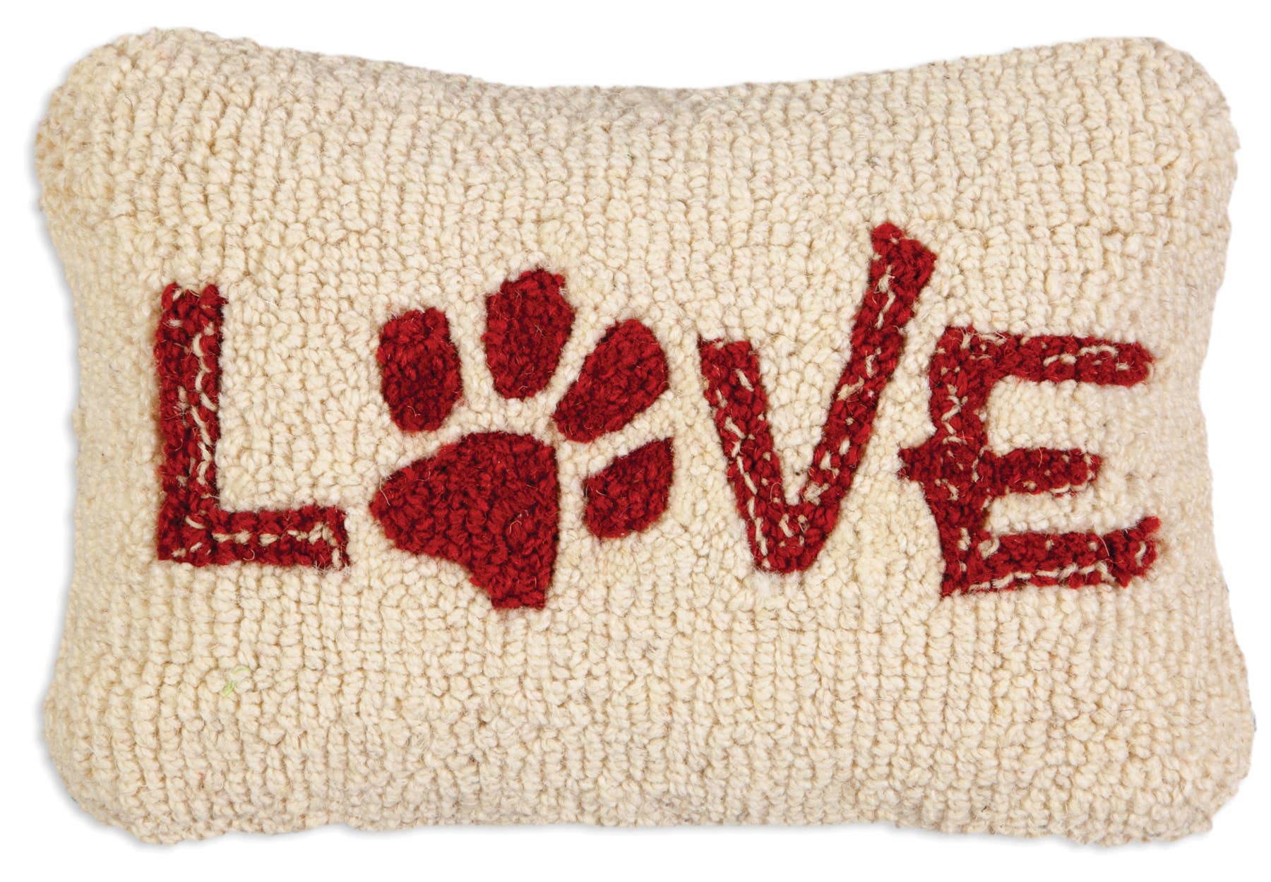 A rectangular hand-hooked throw pillow in cream with the word 'LOVE' spelled out in red, with the 'O' represented by a red paw print.