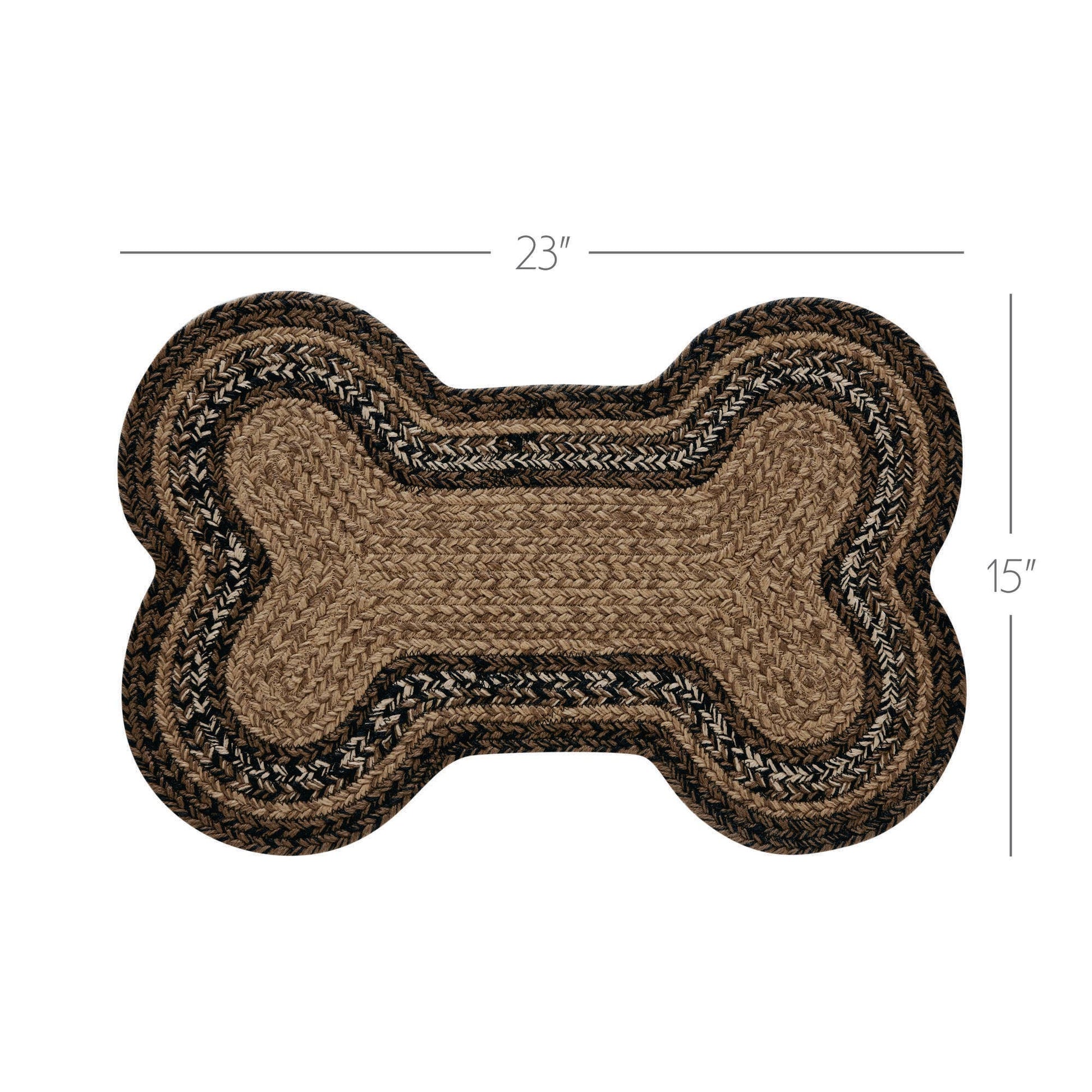 A bone-shaped braided rug shown from above on a white background, with dimension lines indicating 23 inches wide and 15 inches tall.