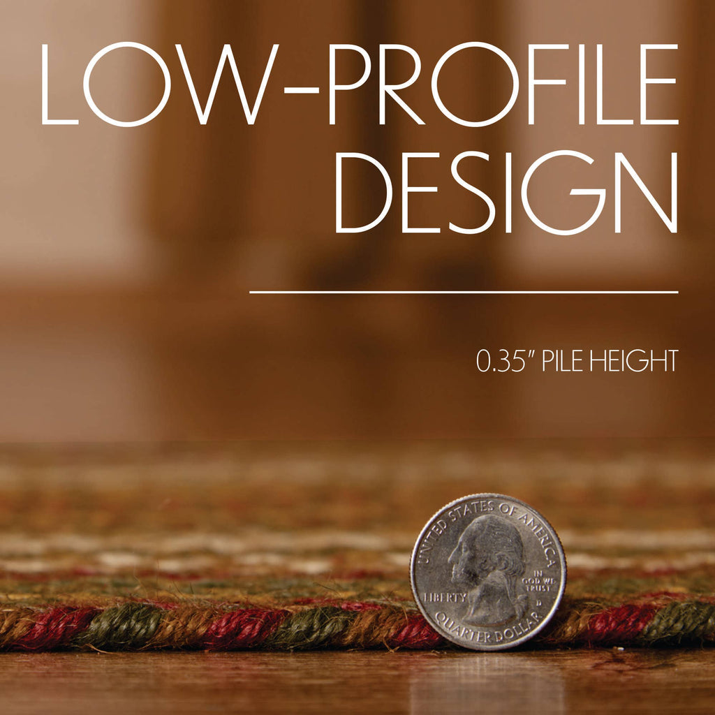 A close-up of a low-pile area rug with a coin placed on top for scale, with text overlay reading 'LOW-PROFILE DESIGN' and '0.35" PILE HEIGHT'.