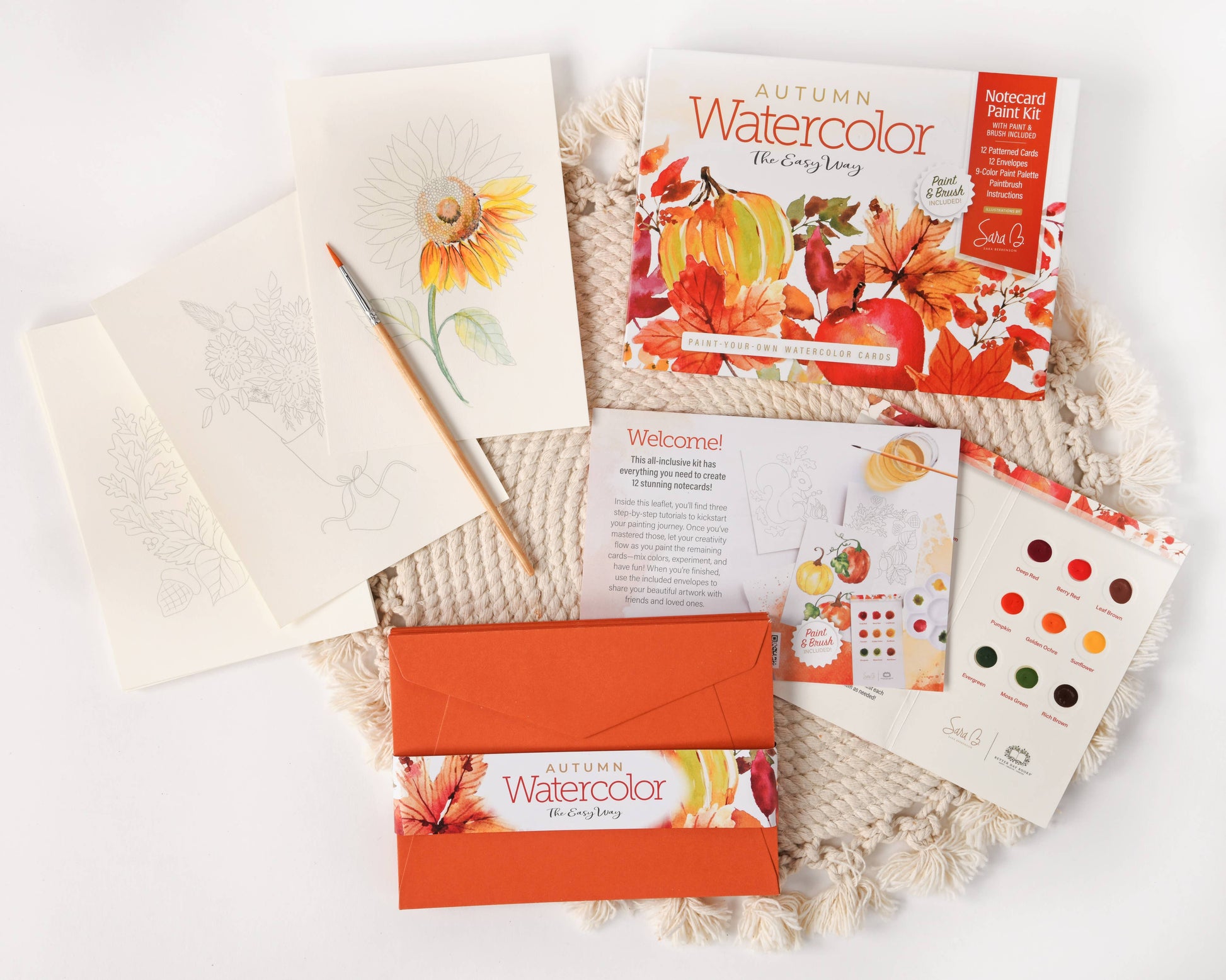 Stationery set with watercolor-themed packaging on a textured surface