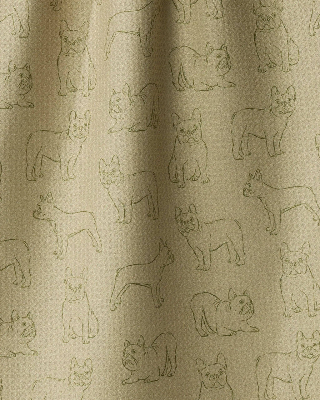 Beige textured fabric with an all-over print of French Bulldog line drawings in olive green.