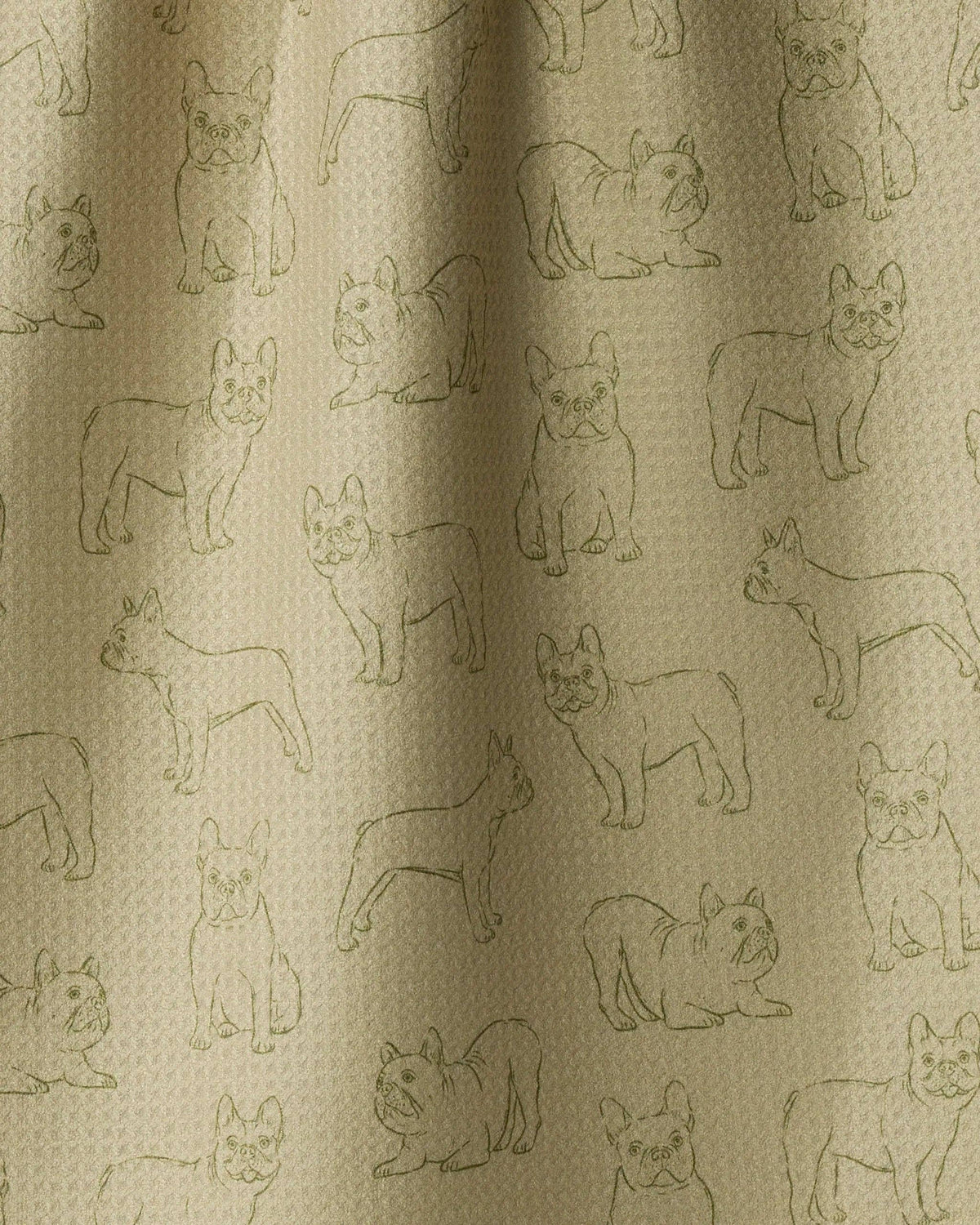 Beige textured fabric with an all-over print of French Bulldog line drawings in olive green.
