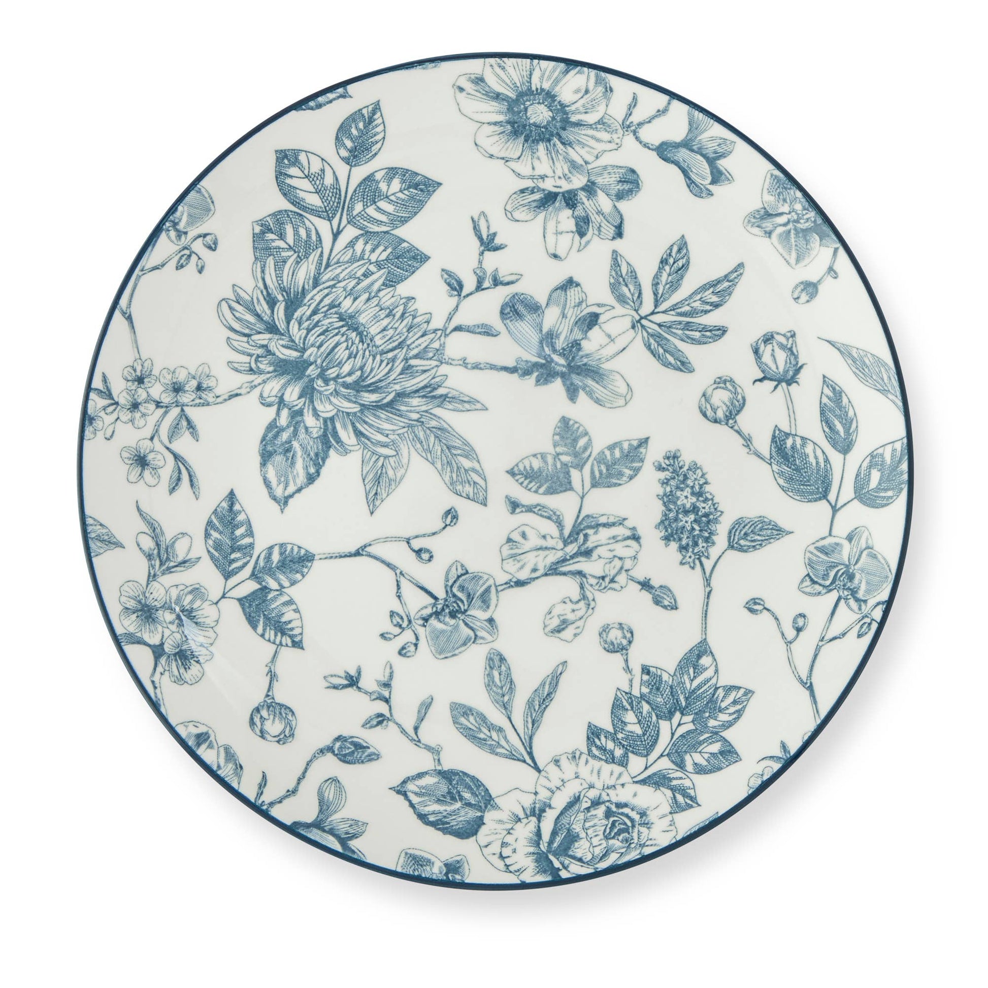 A round white plate featuring a classic blue floral toile pattern with a dark blue rim, shown from a top-down perspective on a white background.