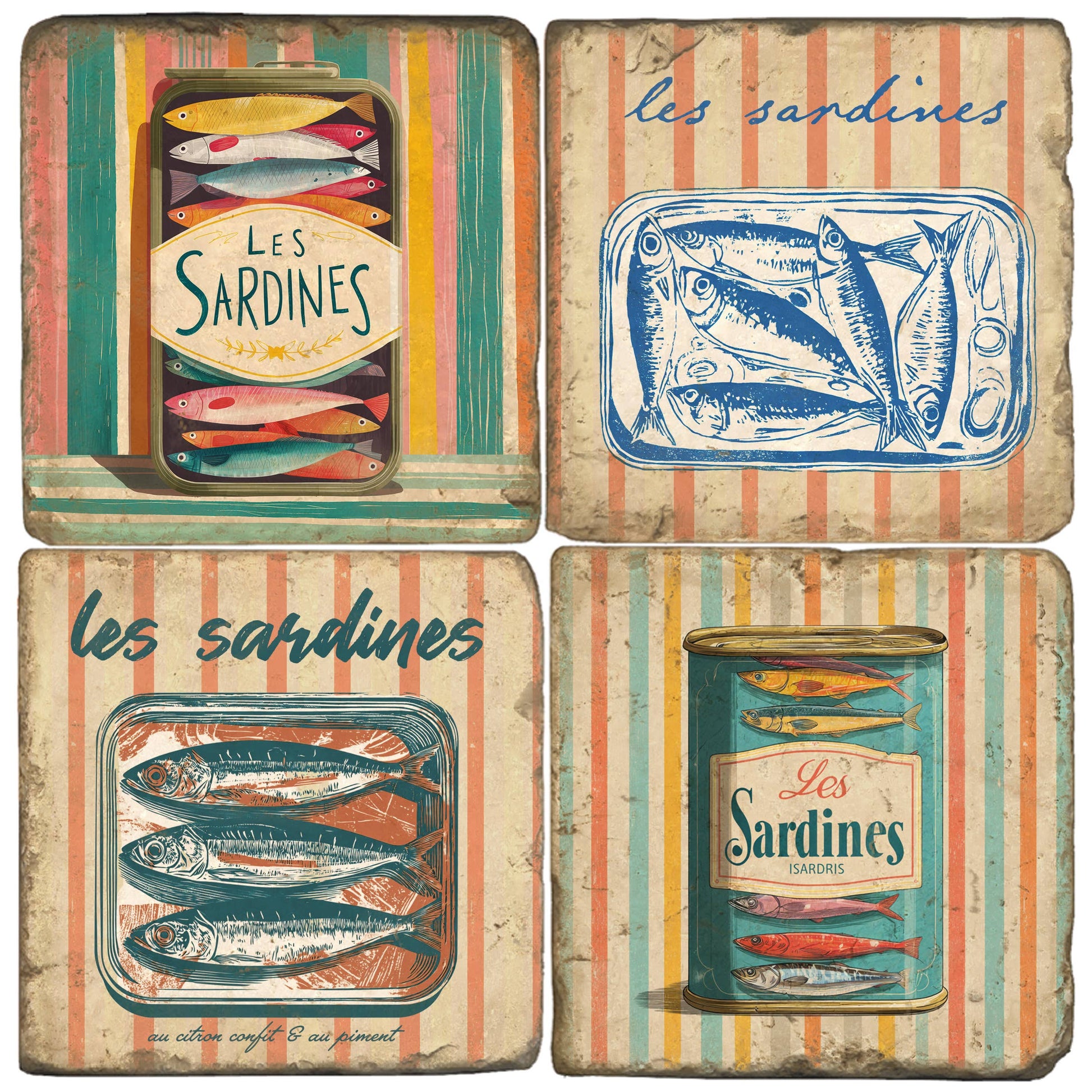 Set of four square coasters featuring vintage-style illustrations of sardines and canned fish with striped backgrounds and distressed textures.