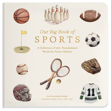 Our Big Book of Sports children's book cover, featuring watercolor illustrations of various sports items like a basketball, football, soccer ball, baseball, tennis rackets, glove, helmet, and hockey jersey around the title on an off-white background.