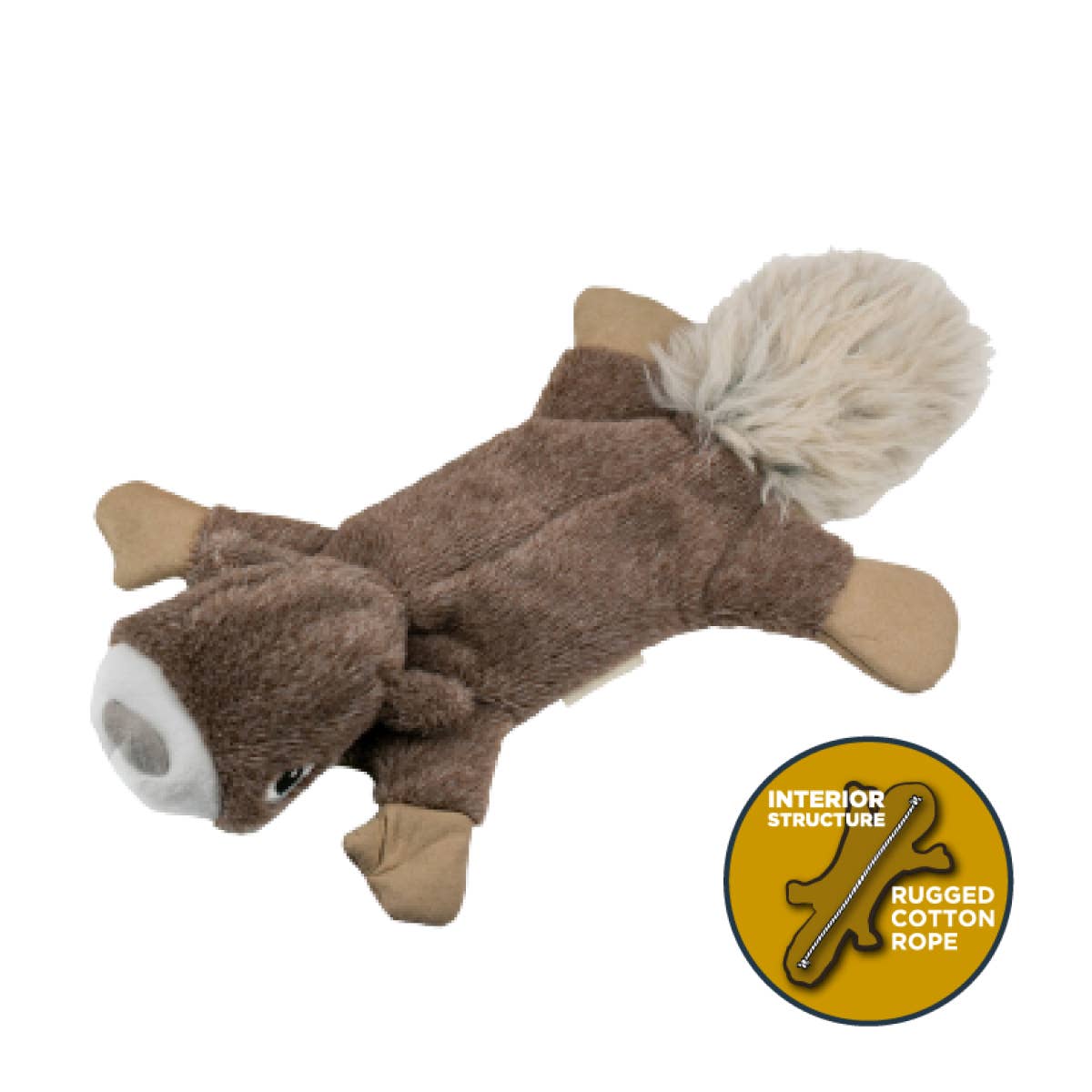 Dog toy resembling a beaver with a label indicating 'Rugged Cotton Rope' on a white background