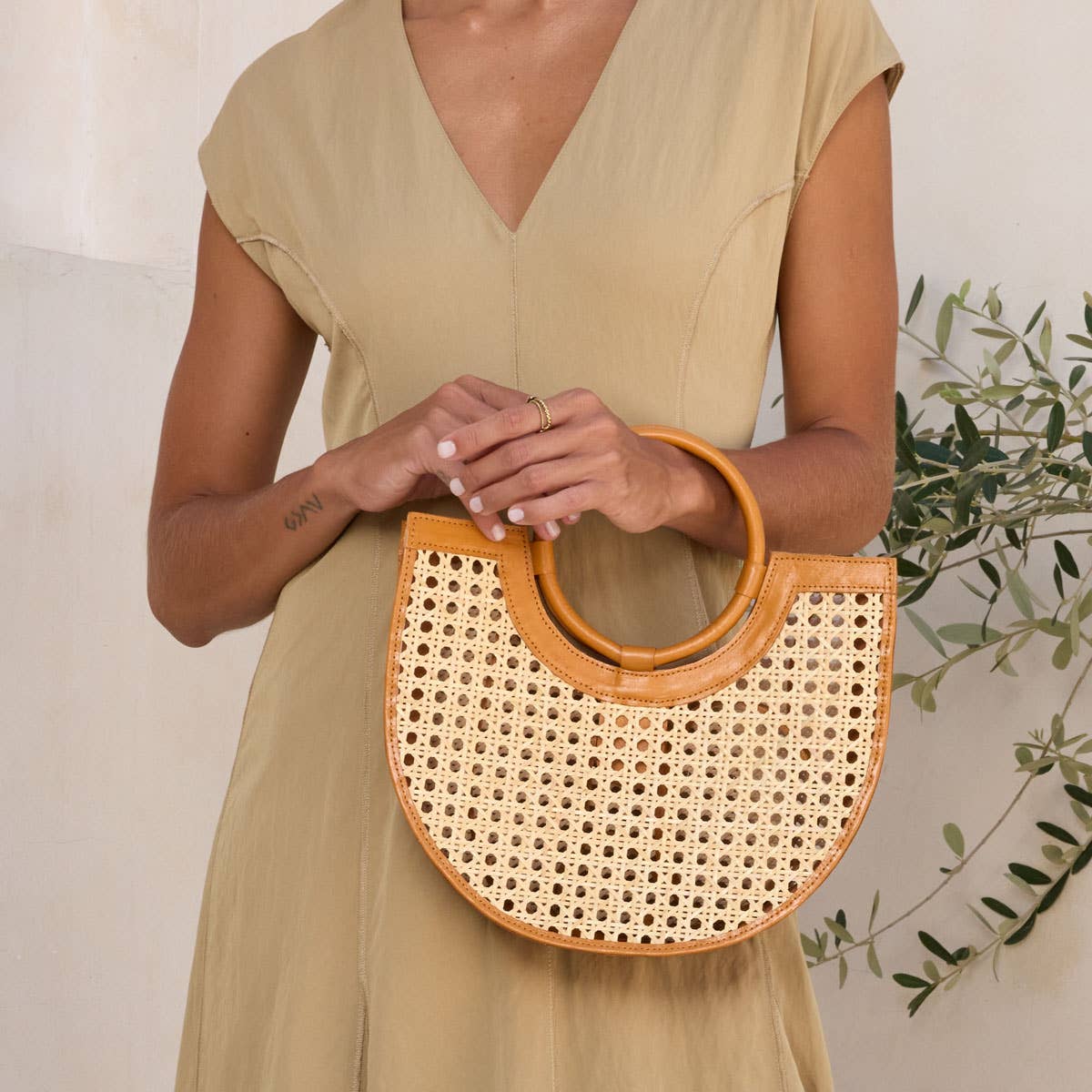 Brown Leather Square Cane Weave Rattan Handbag with Leather