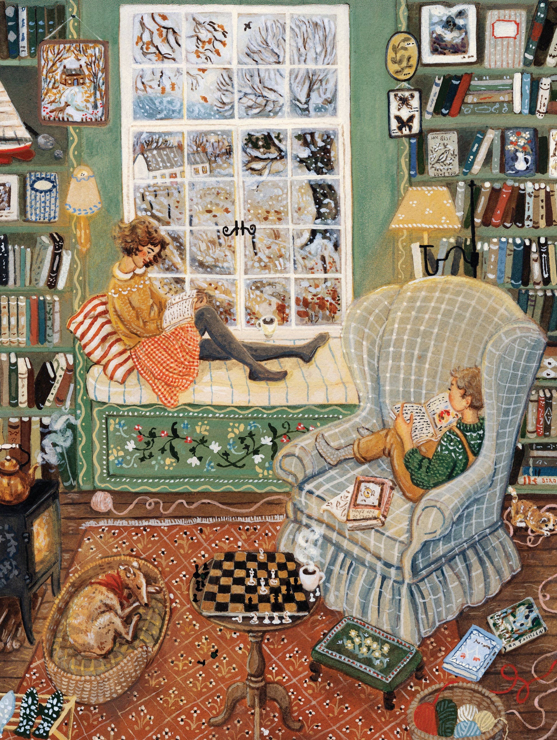 A cozy illustrated living room scene with two children reading in a large armchair and on a window seat, surrounded by bookshelves, lamps, rugs, and household details. This appears to be the artwork itself rather than a photo of a physical product in a room, so the best fit is Scenery.