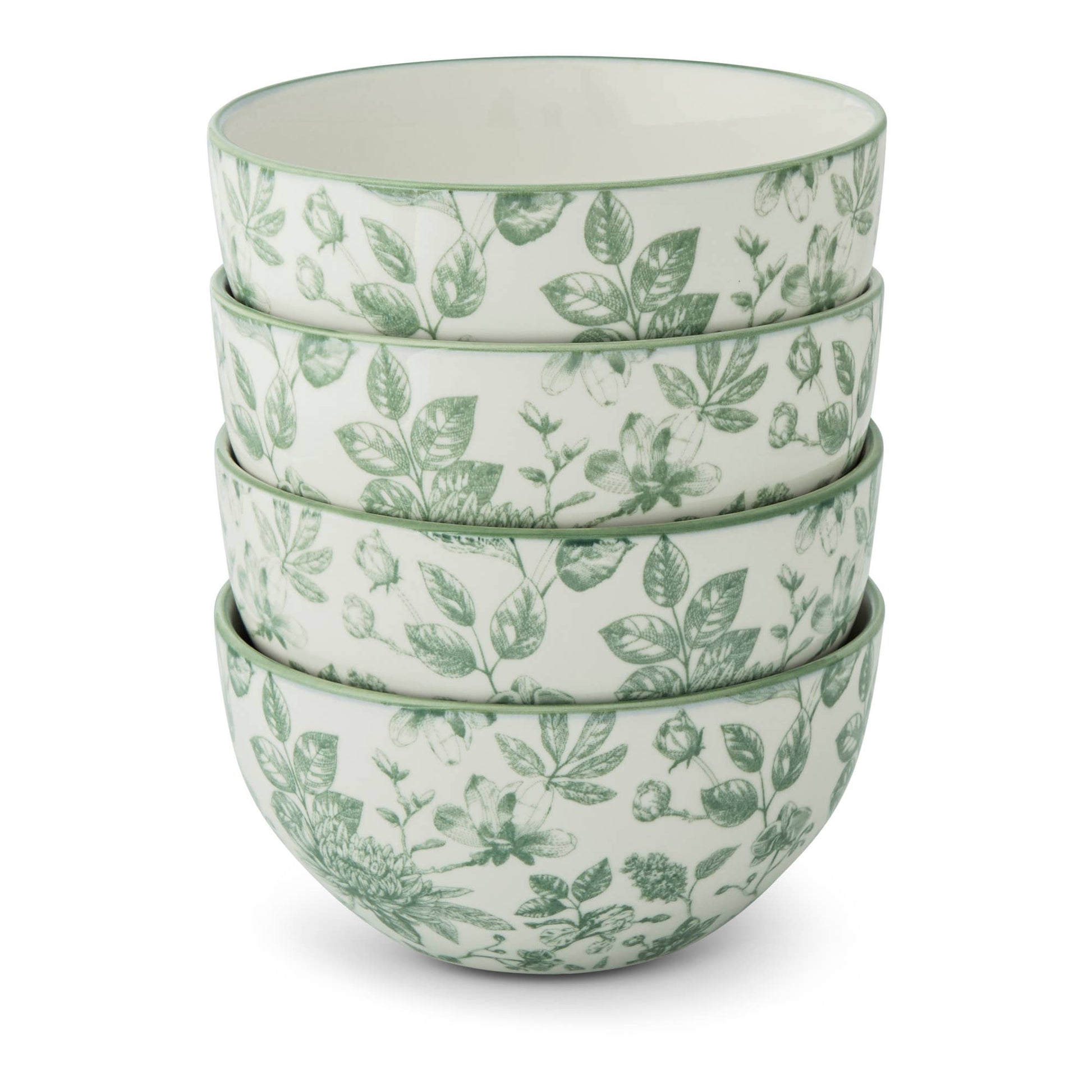 Set of four ceramic bowls with green leaf pattern on a white background