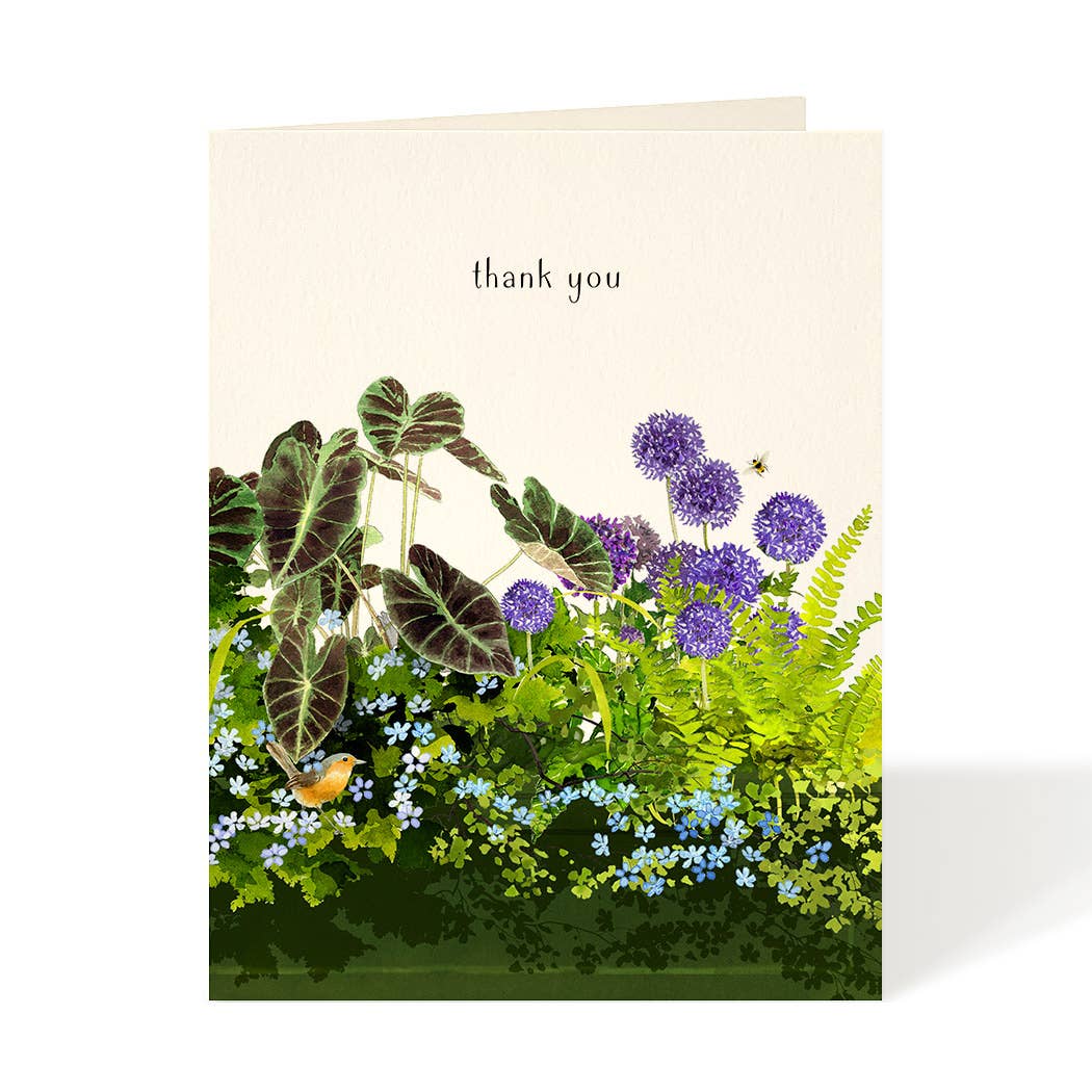 Greeting card with garden scene and 'thank you' text