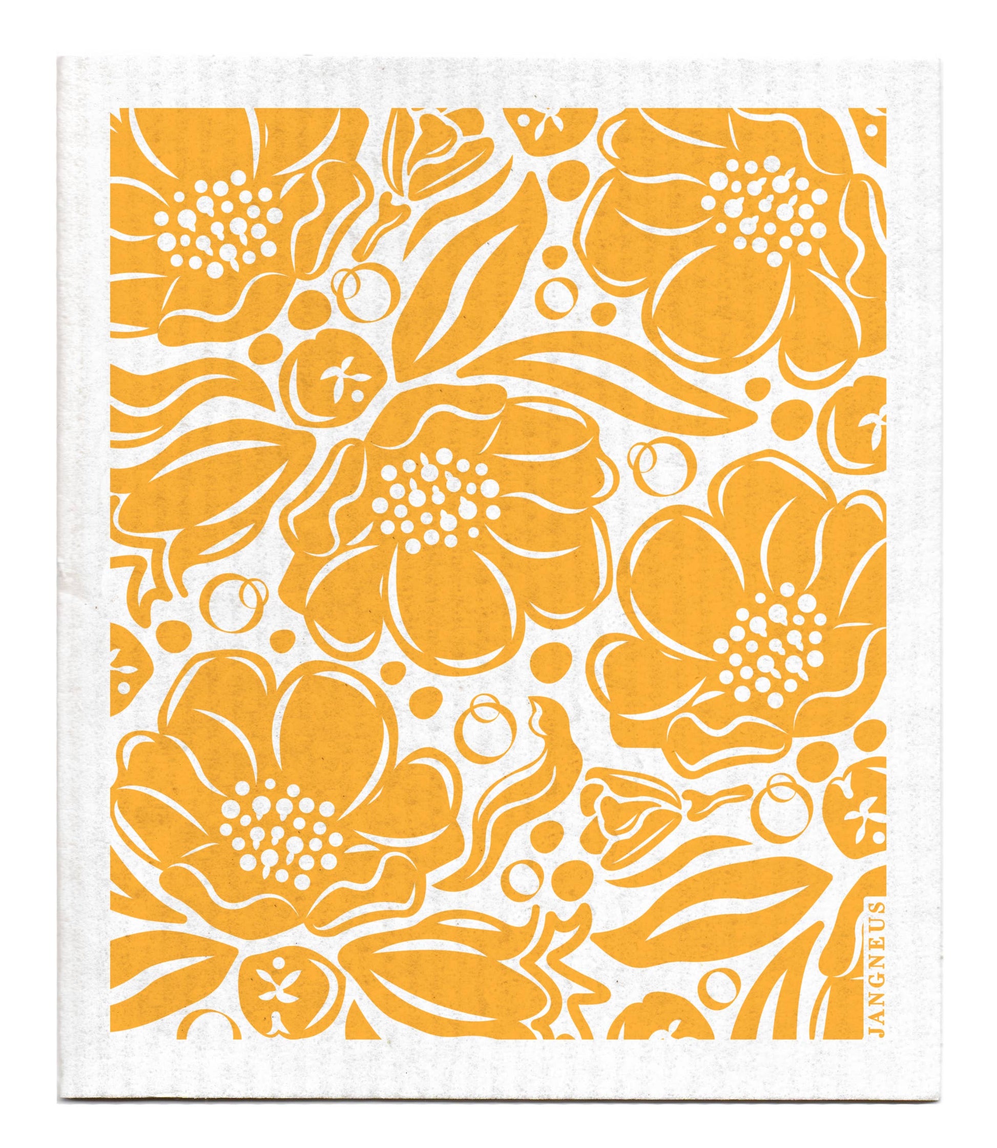 A square white dish towel or tea towel featuring a bold yellow-orange floral pattern, with the brand name JANGONEUS printed vertically in black on the bottom right edge.