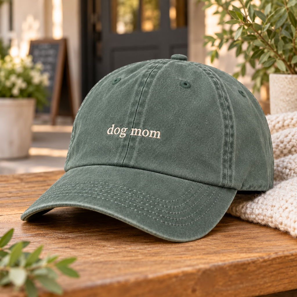 A dark green washed cotton baseball cap with 'dog mom' embroidered in white on the front, resting on a wooden table with a cozy knit blanket and blurred outdoor background.