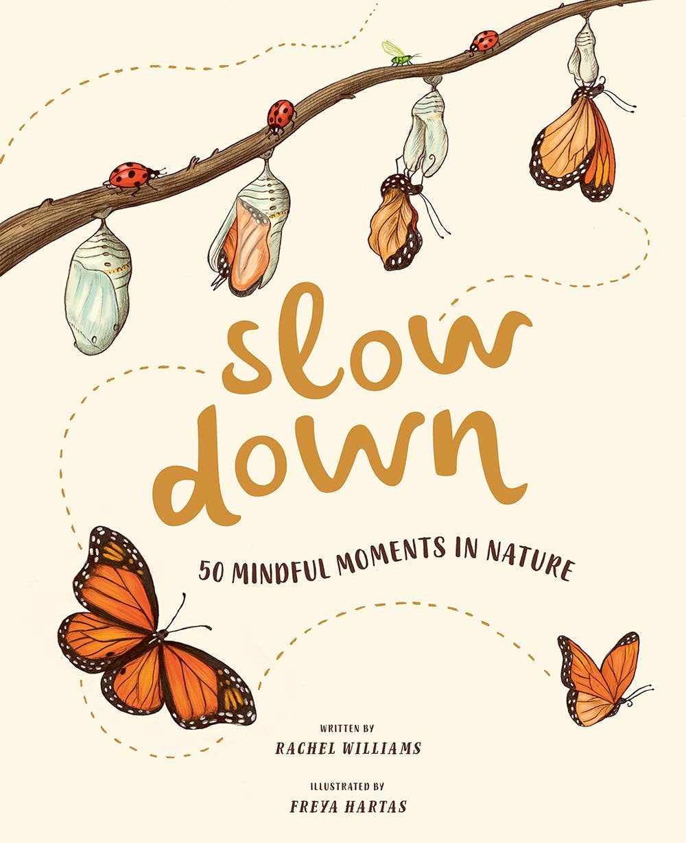 Book cover of 'Slow Down: 50 Mindful Moments in Nature' with illustrations of butterflies and ladybugs on a branch.