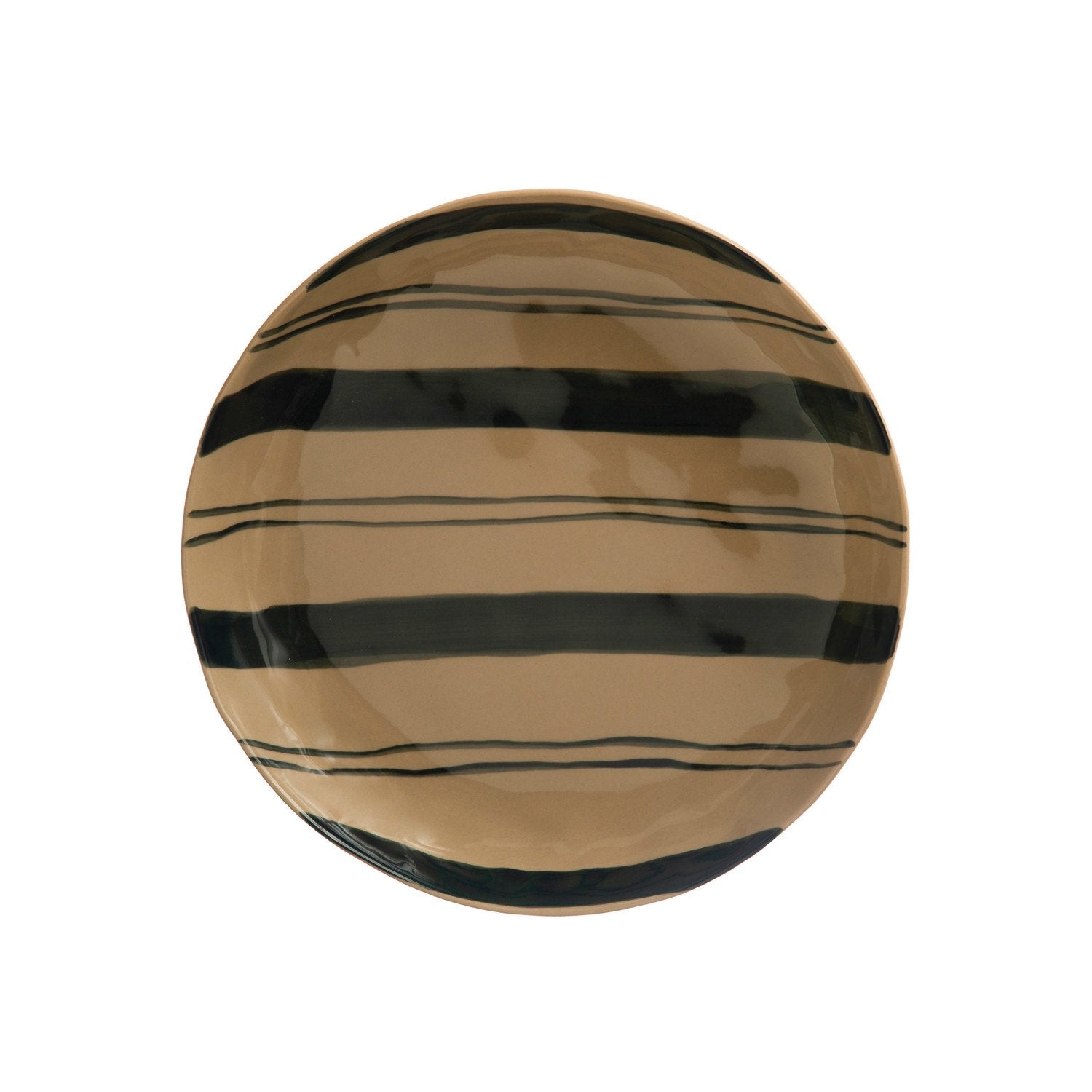 Hand-Painted Stoneware Serving Bowl w/ Stripes, Midnight Blue & Cream Color