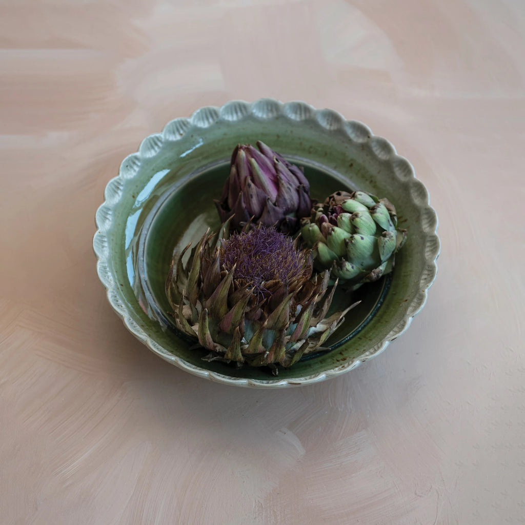 Stoneware Bowl with Scalloped Edge – Green | Reactive Glaze | 11¾”