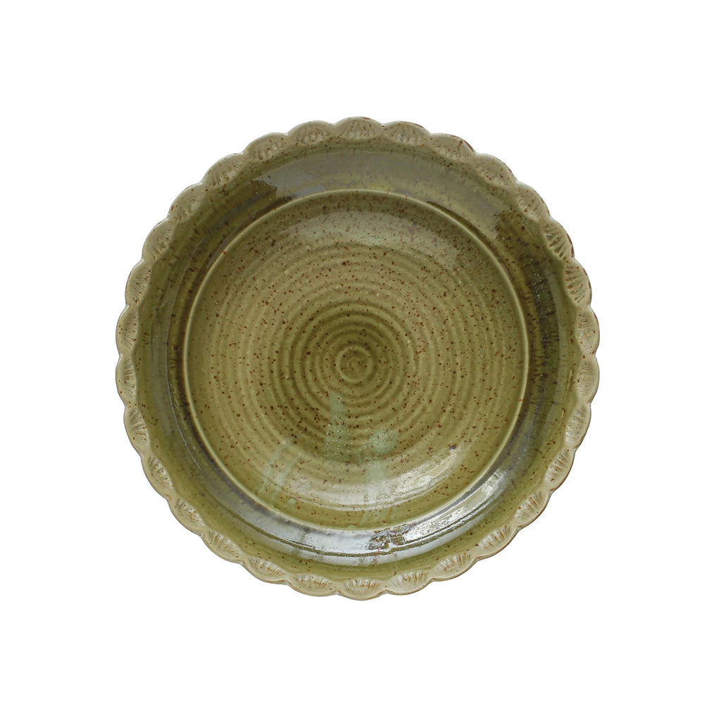 Stoneware Bowl with Scalloped Edge – Green | Reactive Glaze | 11¾”