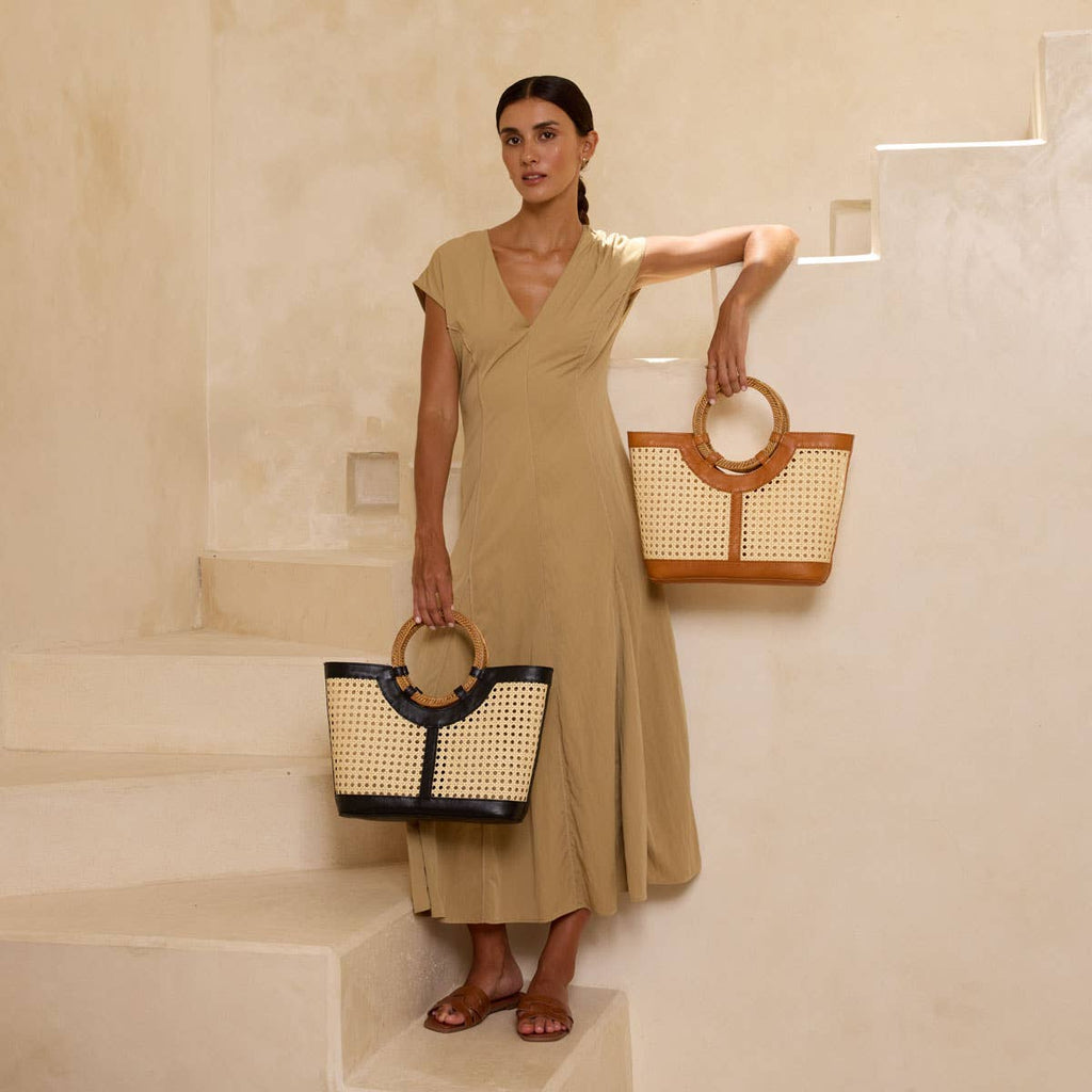 Brown Leather Large Square Cane Weave Tote — Rattan Handle