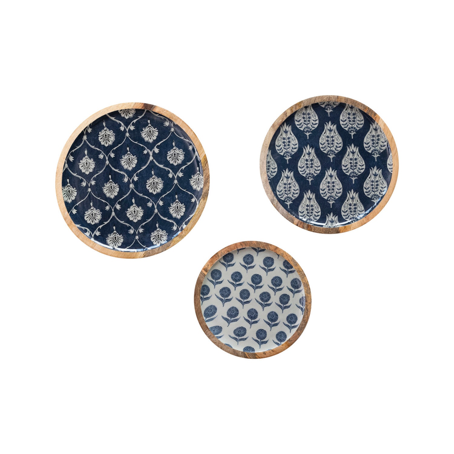 Enameled Mango Wood Trays w/ Floral Pattern, Set of 3
