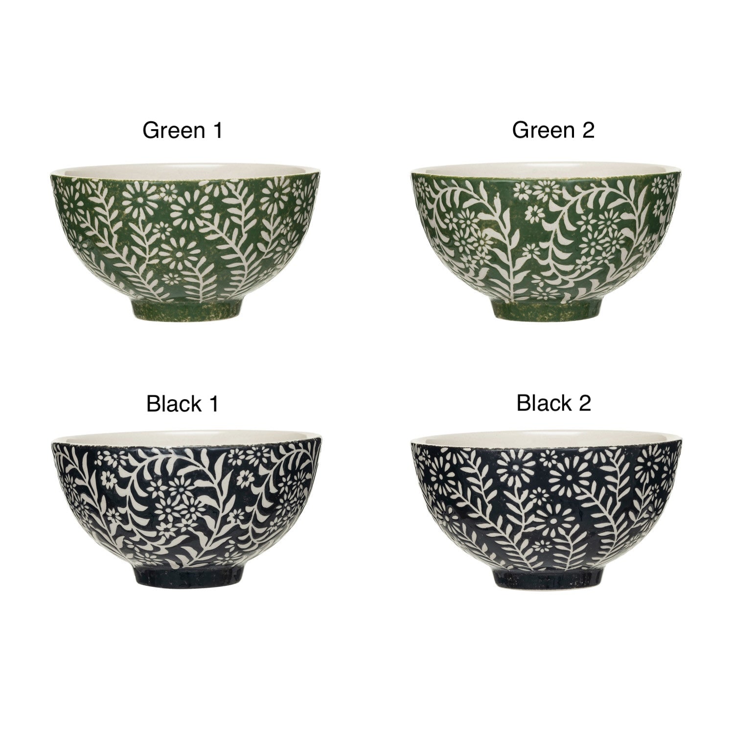 Stoneware Bowl with Wax Relief Botanicals – Green, Black & Cream | 2 Colors | 2 Styles | 4¾"