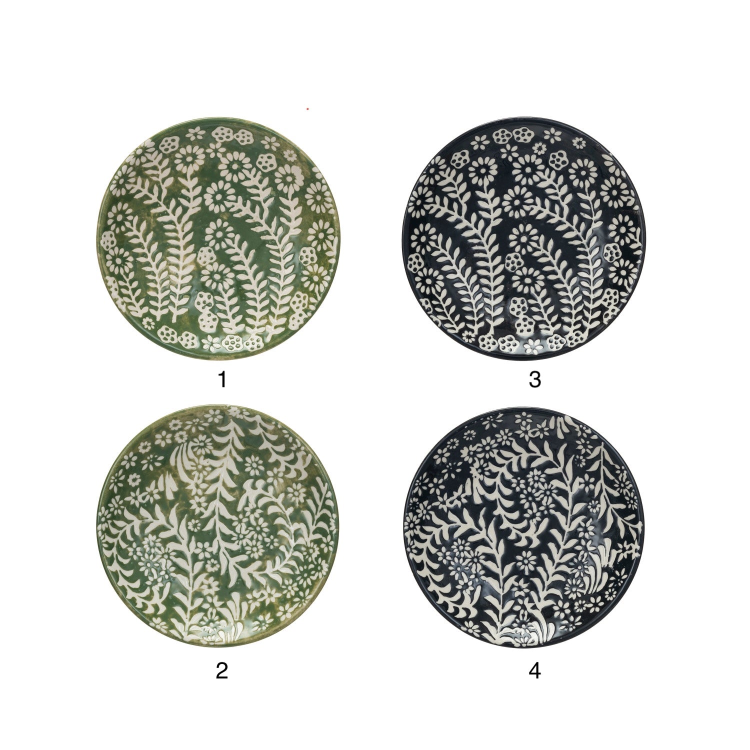 Stoneware Plate with Wax Relief Botanicals – Green, Black & Cream | 4 Styles | 5"