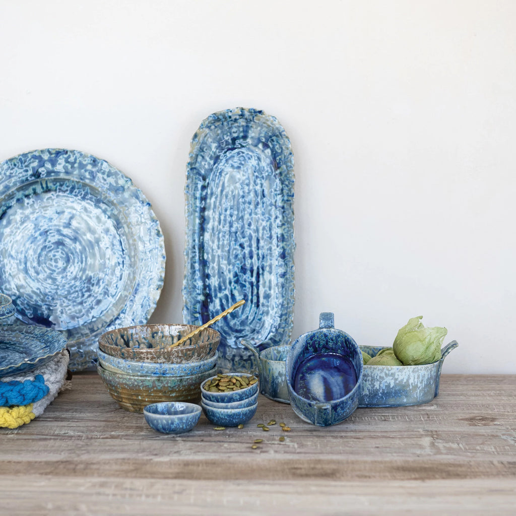 Stoneware Organic Shaped Platter – Blue | Reactive Crackle Glaze | 13¼”
