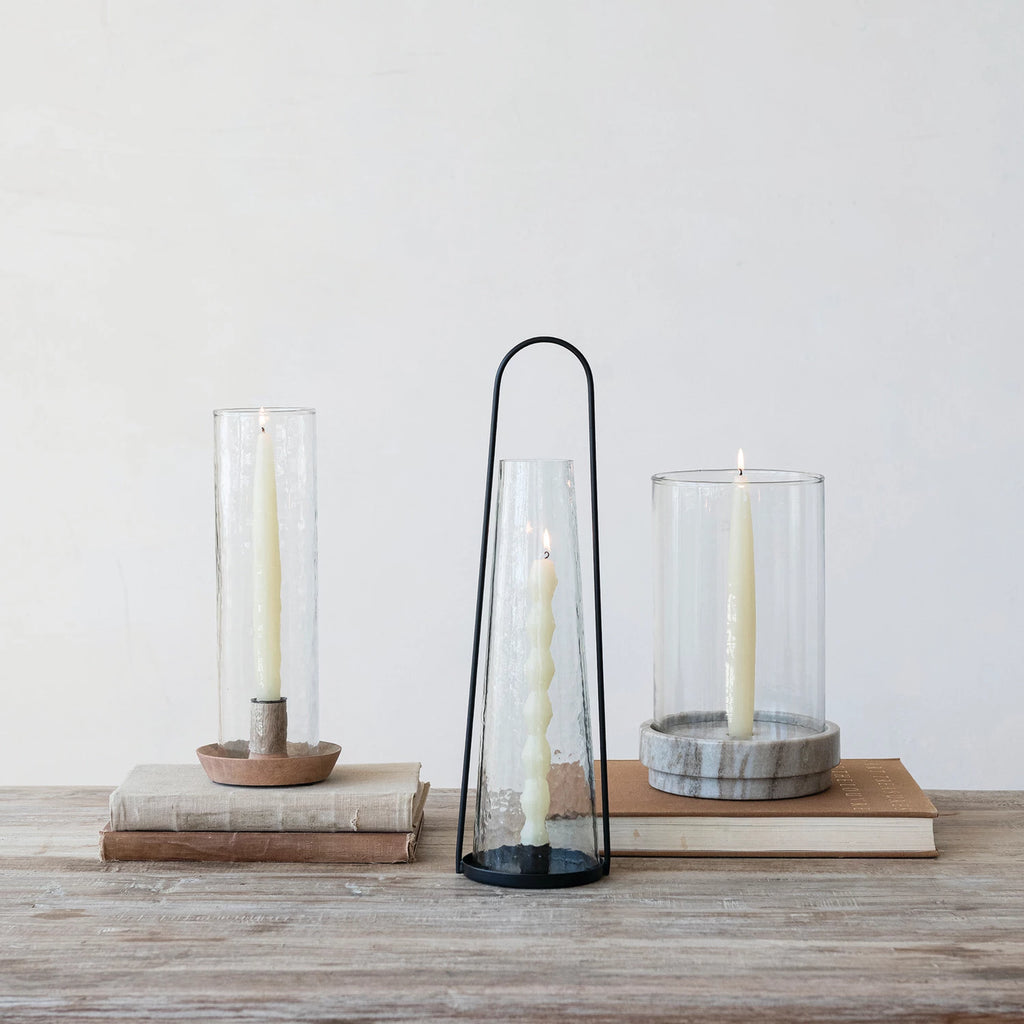 Mango Wood Taper Holder with Hammered Glass Hurricane – Natural | 12½”