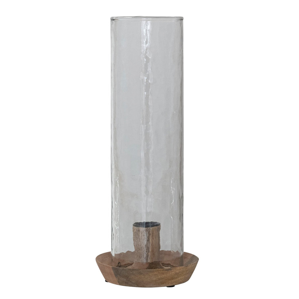 Mango Wood Taper Holder with Hammered Glass Hurricane, Natural, Set of 2
