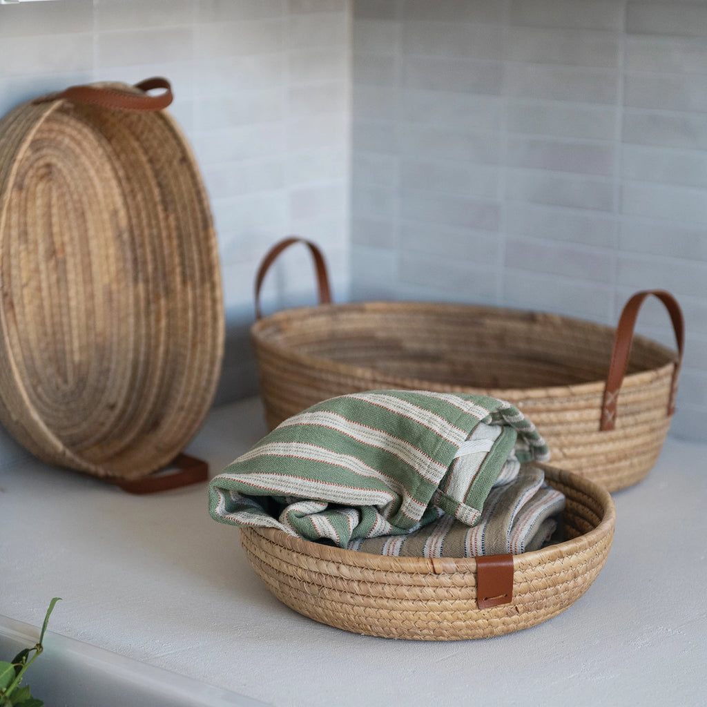 Hand-Woven Seagrass & Water Hyacinth Basket with Faux Leather Handles – Natural | Medium