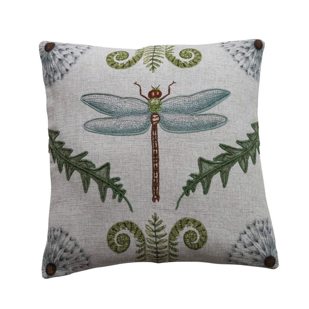 20" Square Linen Blend Pillow with Dragonfly, Botanicals & Embroidery ©