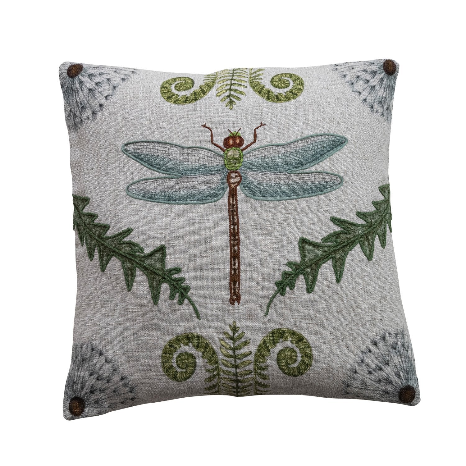 20" Square Linen Blend Pillow with Dragonfly, Botanicals & Embroidery ©