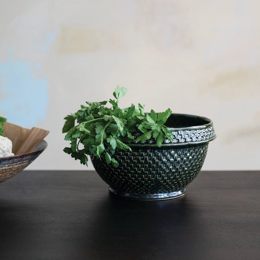 Stoneware Basket Weave Bowl – Green | 11¼”