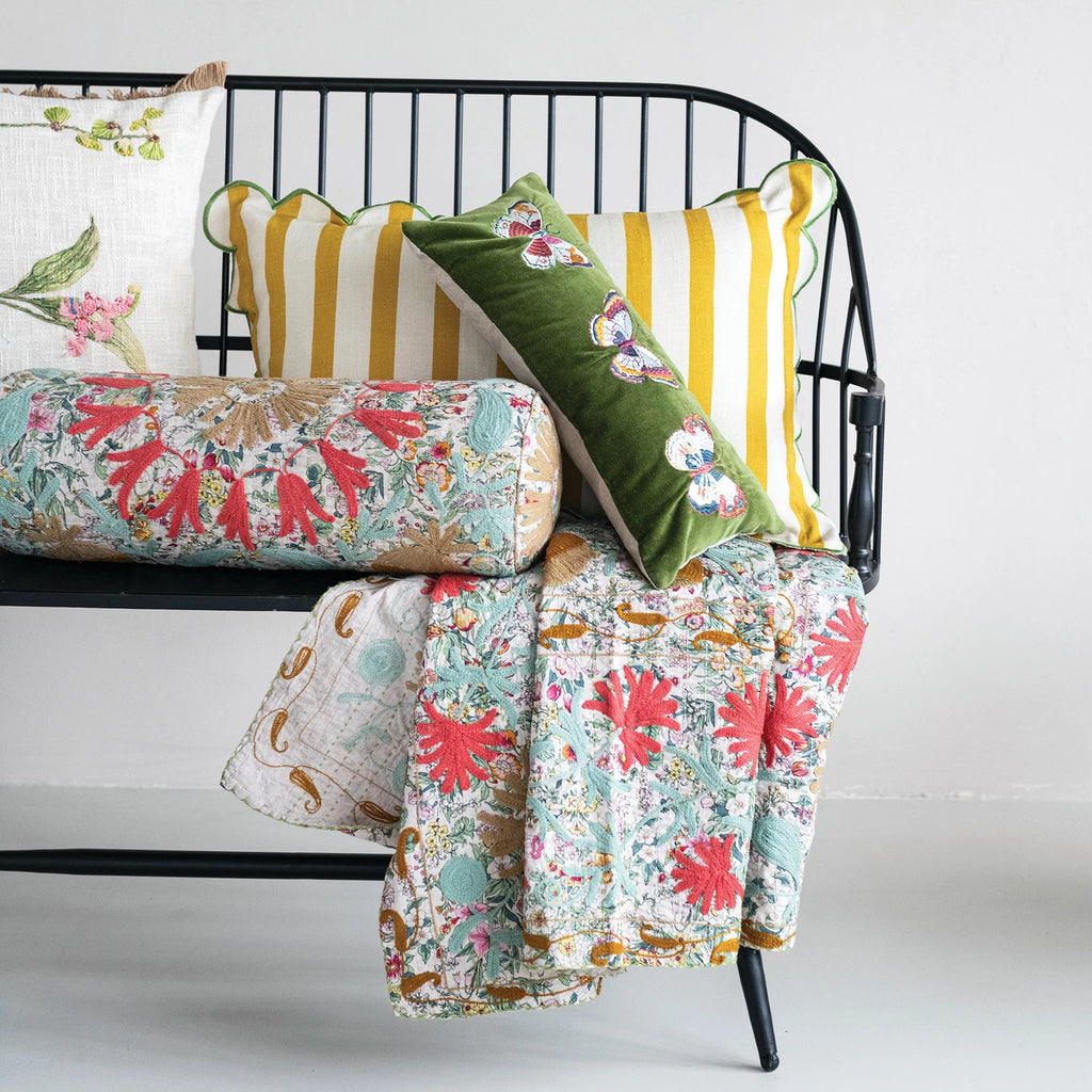 Cotton Velvet Lumbar Pillow with Embroidered Butterflies – Multicolor