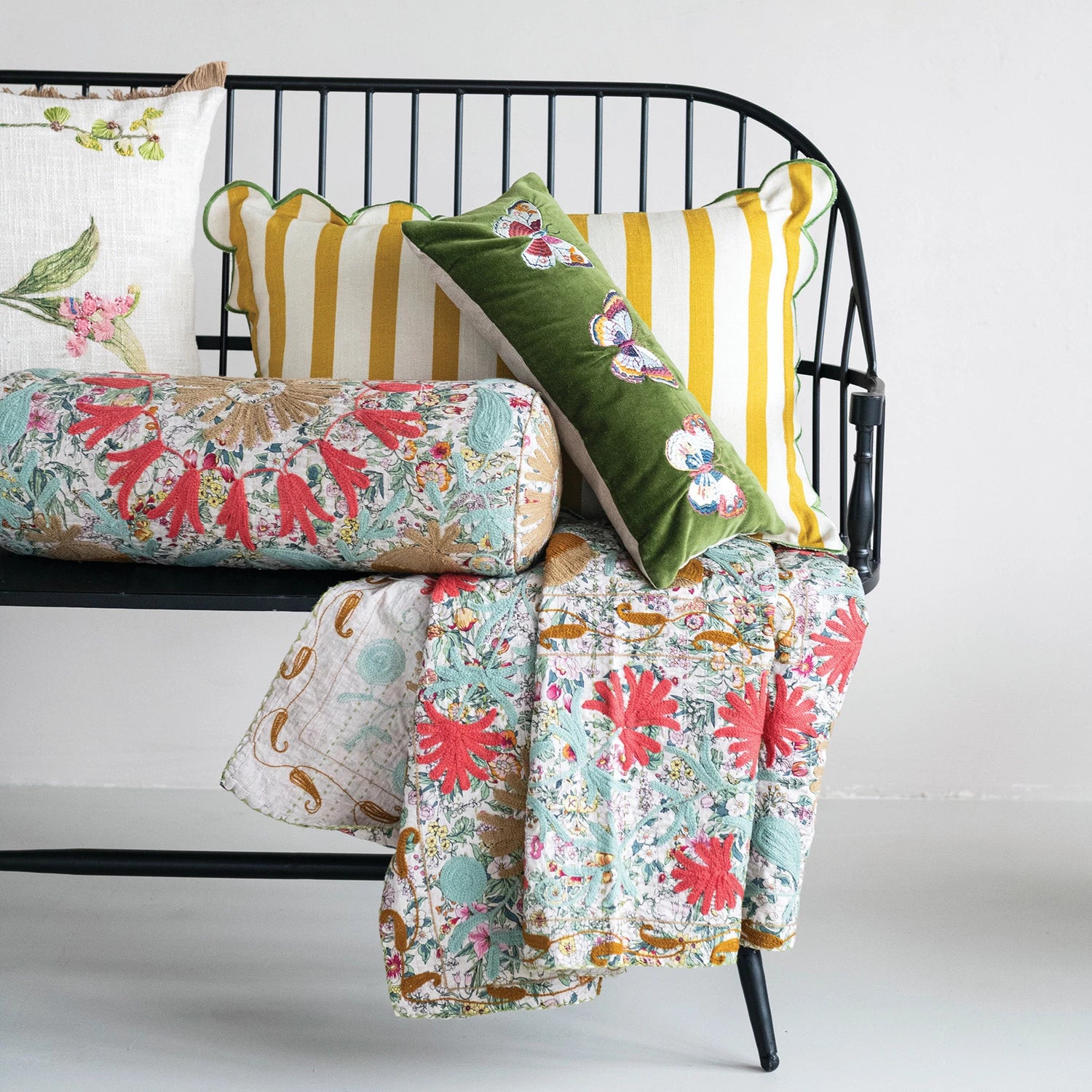 Cotton Velvet Lumbar Pillow with Embroidered Butterflies – Multicolor