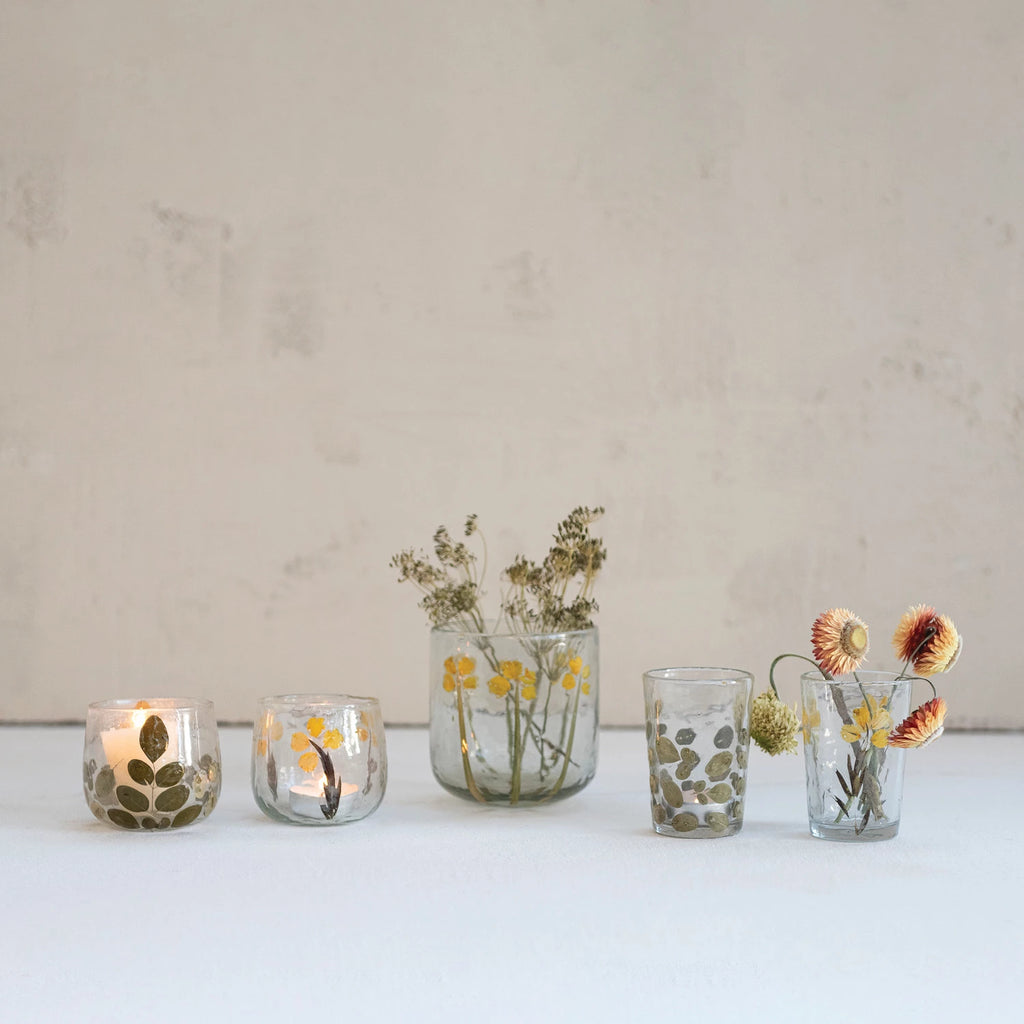 Handmade Glass Tealight & Votive Holder with Embedded Moringa Leaves