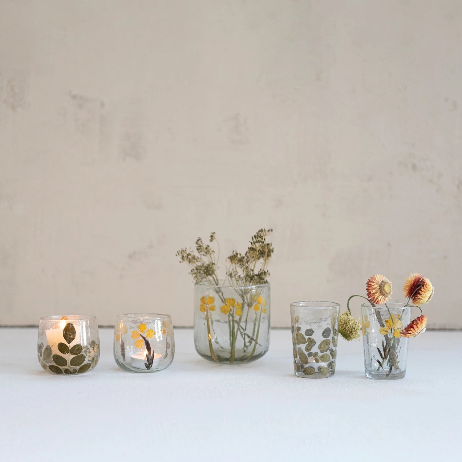 Handmade Glass Tealight & Votive Holder with Embedded Moringa Leaves