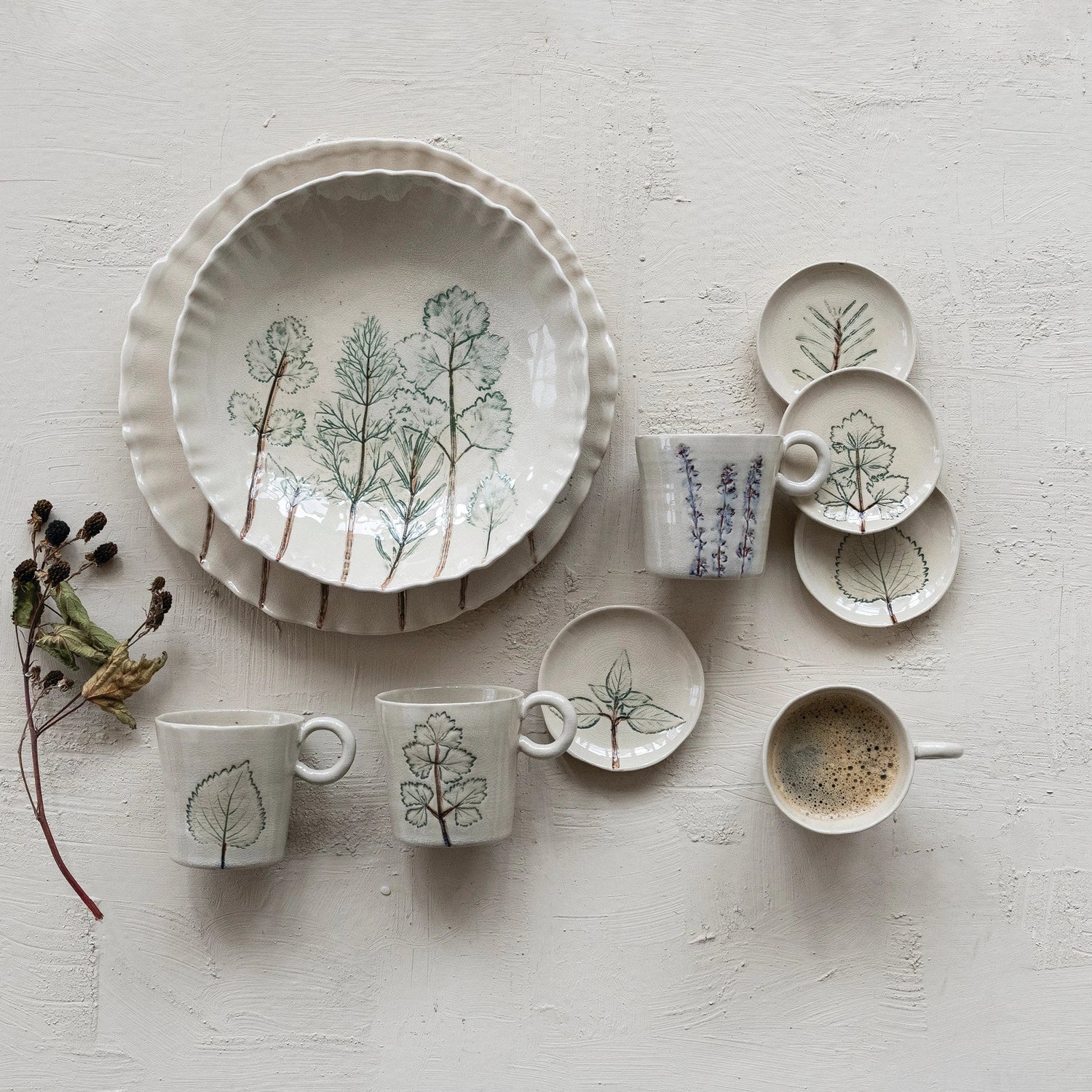 Hand-Painted Stoneware Botanical Mug – Cream | 4 Styles