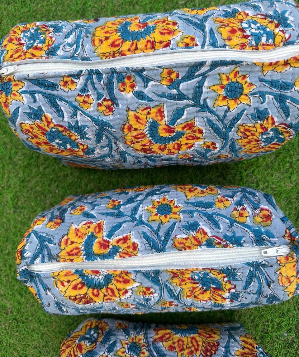 Medium Cotton Quilted Toiletry Bag Block Printed