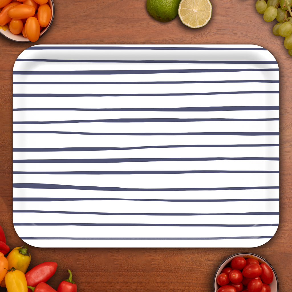 Navy Stripe Large Serving Tray — Sara Fitz, FSC-Certified Birchwood, Coastal New England